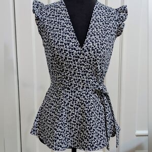 Blue And White Faux-Wrap Top